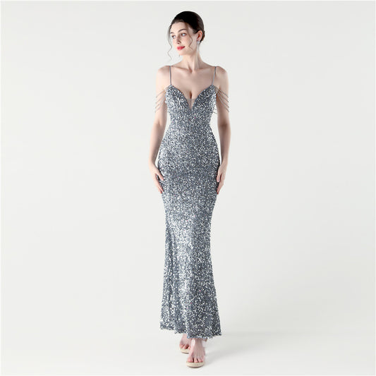 33313 #2025 New sequined beaded party wedding dinner suspender slim-fitting long evening dress