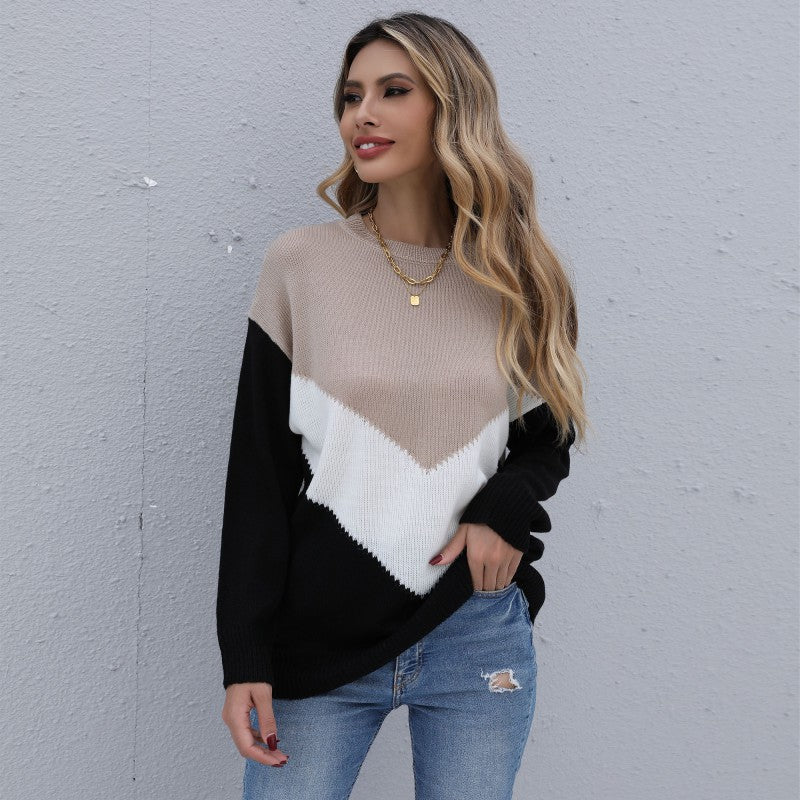 LOVEVOP Autumn New popular 2025 Color Matching Crew Neck Long Sleeve Knitted Bottom Shirt Pullover Women's Top