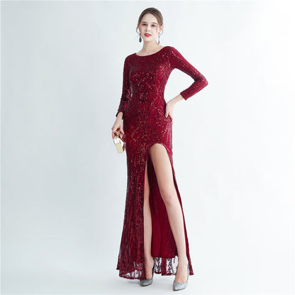 19966 #Hot trade 2025 new sequined long-sleeved split high-end evening dress