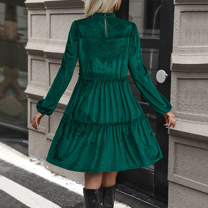 LOVEVOP Europe and the United States cross-border new long-sleeved solid color dress dark green velvet mid-skirt ruffle edge women's skirt