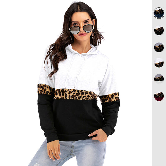 LOVEVOP 2025 Express Autumn and Winter Hooded Long Sleeve Contrast Color Bottom Hooded Sweater Women's  Hot Trade Leopard Print Pullover Hoodie