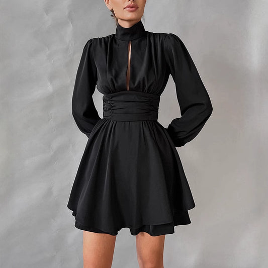 2025 autumn and winter chiffon new high-necked long-sleeved high-waisted A-pendulum dress popular fashion New wholesale short skirt women