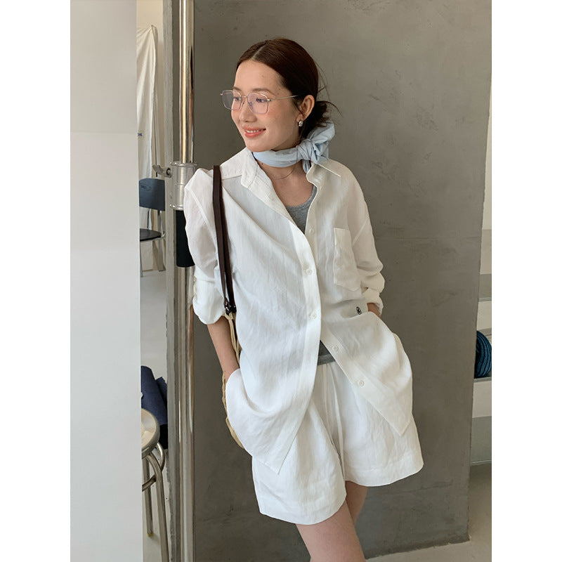 2025 [4 colors optional] Modal long-sleeved shirt + casual shorts 2025 spring and summer Korean version two-piece suit female T283