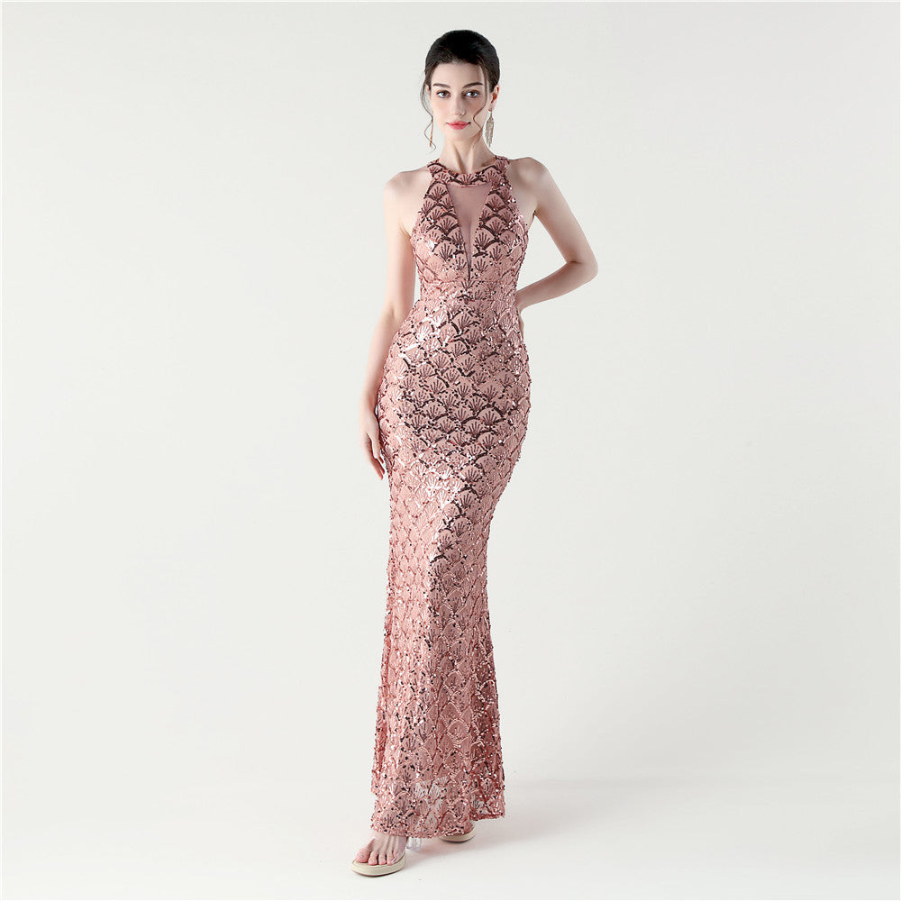 33133 #2025 new sequined mesh slim hip wrap sexy off-the-shoulder women's evening dress dinner party dress