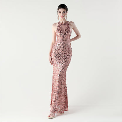 33133 #2025 new sequined mesh slim hip wrap sexy off-the-shoulder women's evening dress dinner party dress