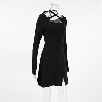 2025 Autumn and winter black sexy slim fit and thin knitted square collar design lace-up dress New commuting split skirt