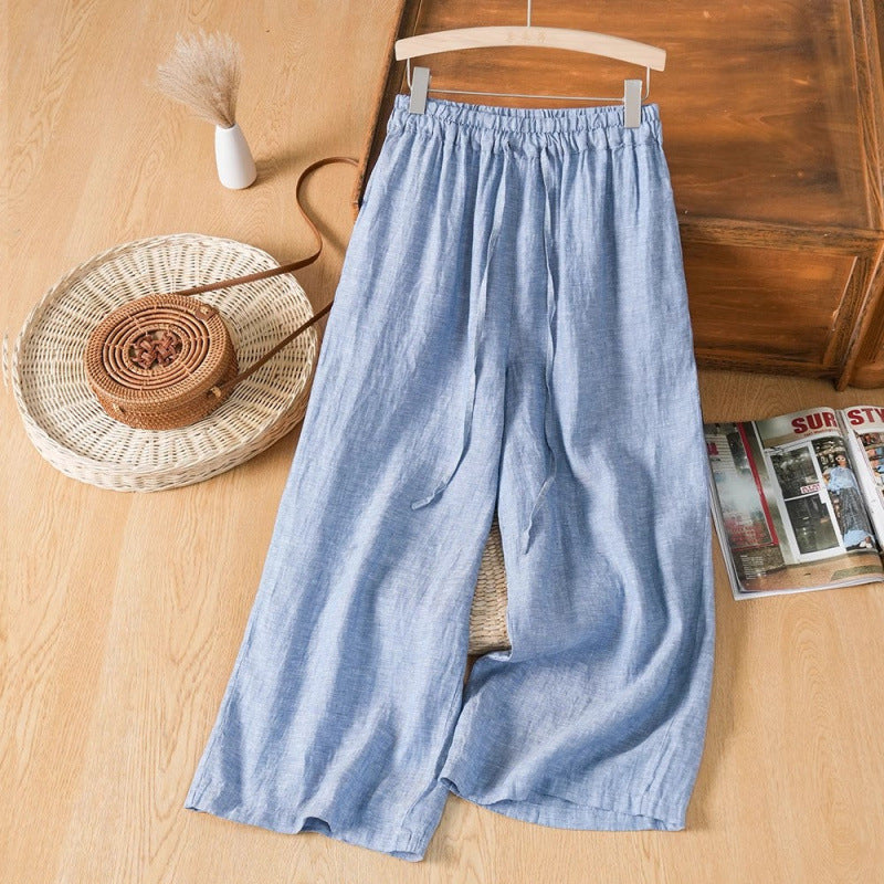Cotton and linen large size casual loose versatile cotton and linen wide-leg pants women's  summer new literary and retro loose trousers