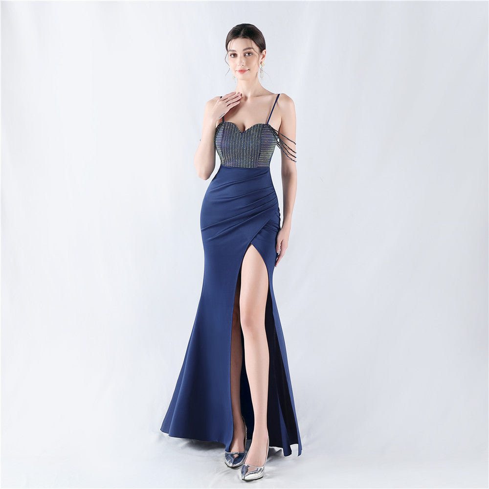33022 #Popular trade new hot diamond beads high fork satin sexy suspender evening dress