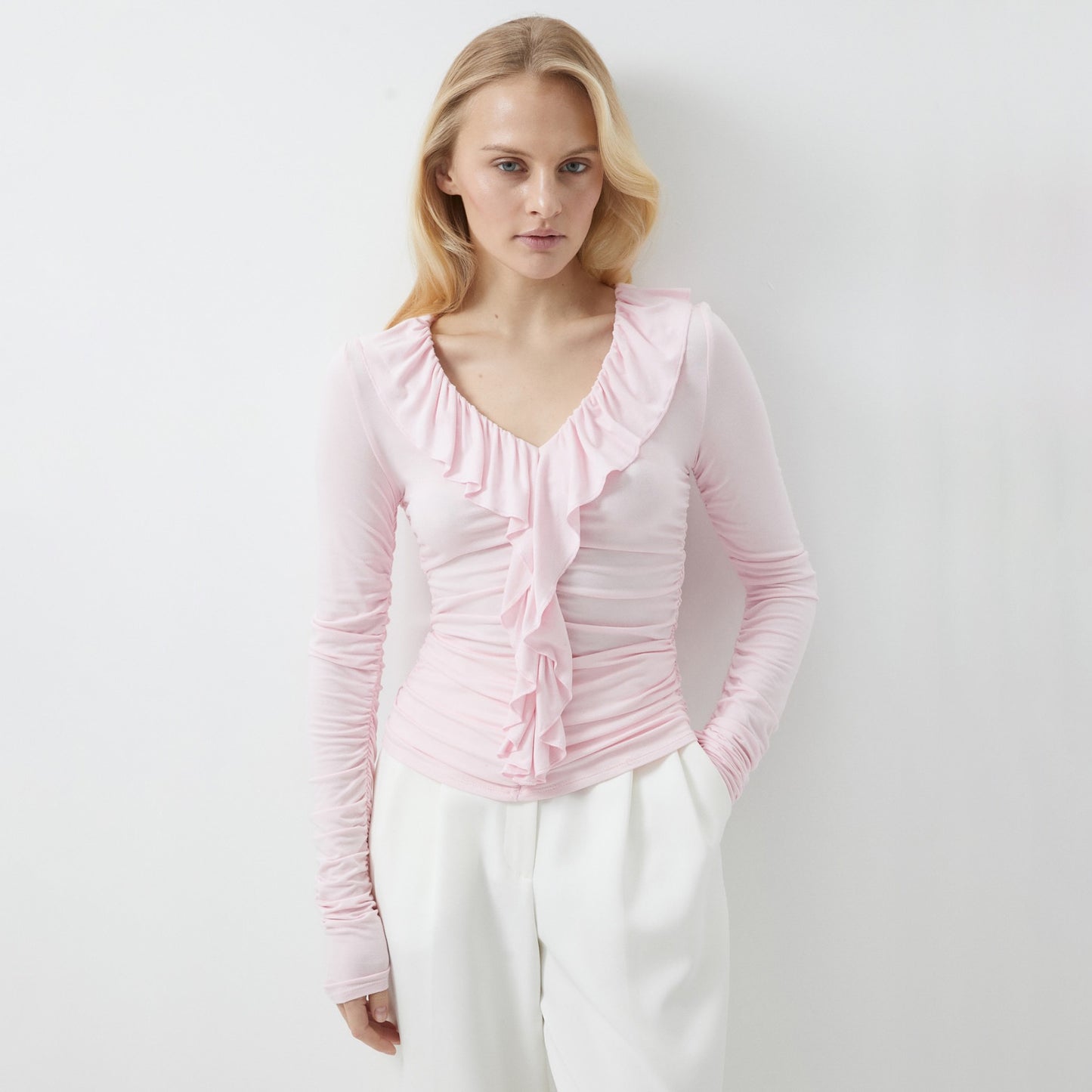 Chiffon shirt women's V-neck thin pleated design long-sleeved top spring three-dimensional tailoring commuter casual temperament top