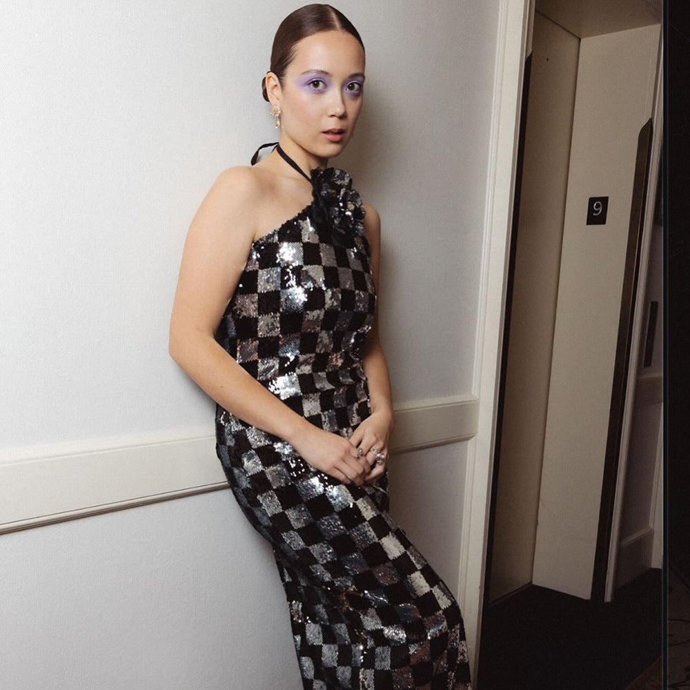 LOVEVOP  Chinese New Year new  long skirts women's clothing black and white plaid bead splicing dress neck flower skirt