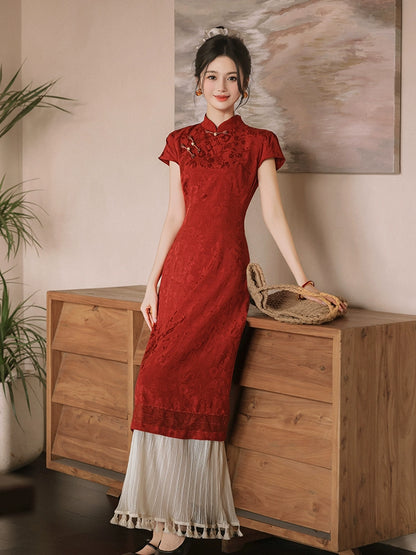 New Chinese red fake two pieces improved cheongsam women's fringed splicing temperament dress morning robe bride engagement dress