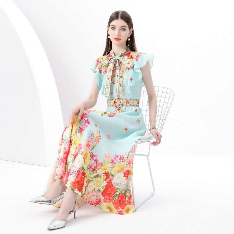 spring and summer new niche  bow lace-up Xiaofei sleeve waist single-breasted pendulum printed dress