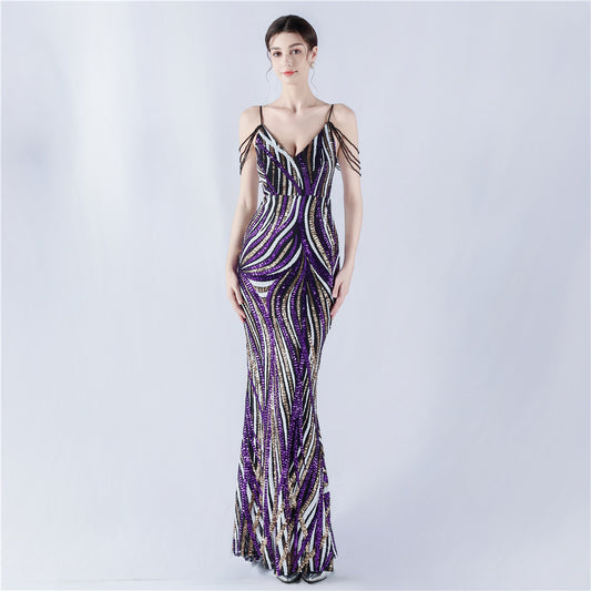 33028 #Hot trade new sequined striped color matching slim-fitting dinner host annual meeting suspender long dress women