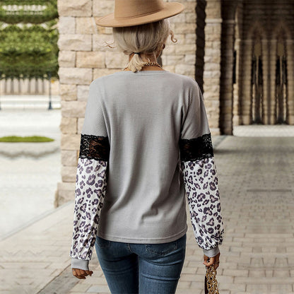 LOVEVOP popular autumn and winter 2025 Popular trade lace splicing top female leopard print long sleeve contrasting color  New knitted female