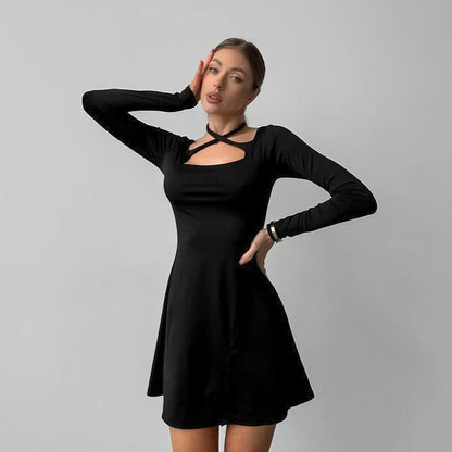 2025 Autumn and winter black sexy slim fit and thin knitted square collar design lace-up dress New commuting split skirt