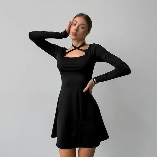 2025 Autumn and winter black sexy slim fit and thin knitted square collar design lace-up dress New commuting split skirt