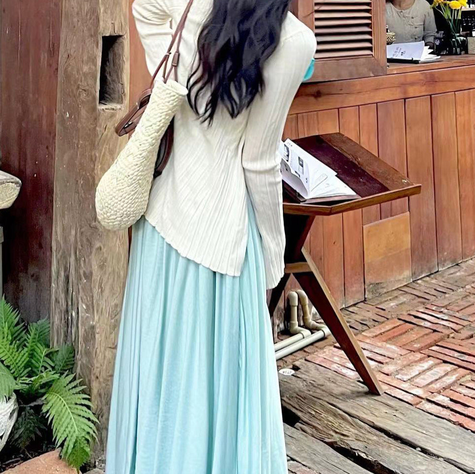 2025 Mint soda blue-green pendulum temperament dress fairy suspender long dress popular new seaside vacation