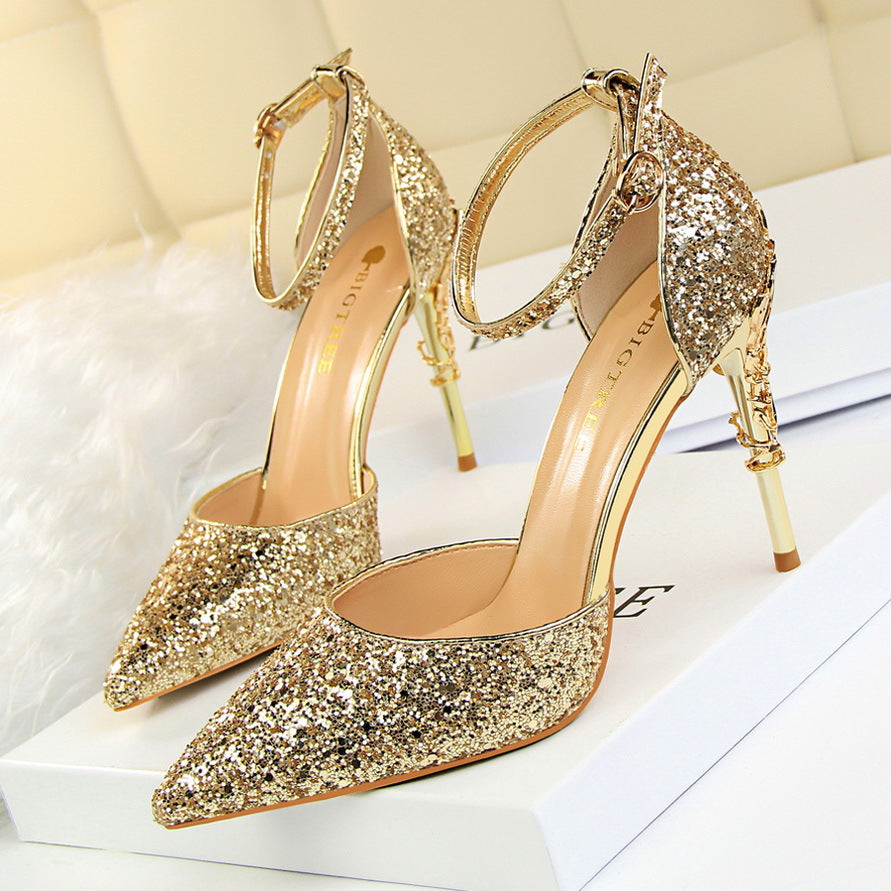 2025 283-5  style fashionable and sexy hollow nightclub showing thin metal heel high heel sparkling sequins with sandals