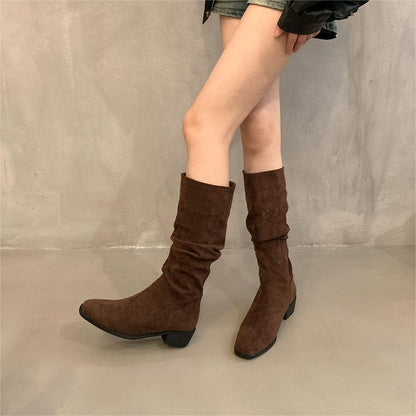 2025  Coarse Heel Suede Pile Long Knight Boots Women's Shoes popular Spring Autumn Winter Vintage Skinny Medium Long Brown Boots