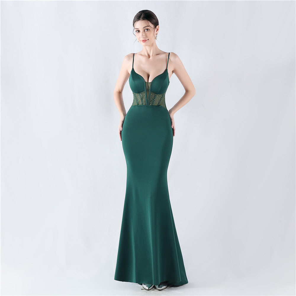 31916 #Hot trade new heavy industry fishbone vest shaping mesh yarn hot diamond sling hip fish tail evening dress
