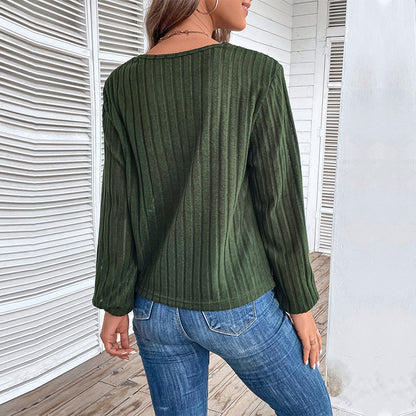 LOVEVOP cross-border Europe, America and Hot autumn new V-neck women's clothing top texture pit strip T-shirt long-sleeved knitted sweater