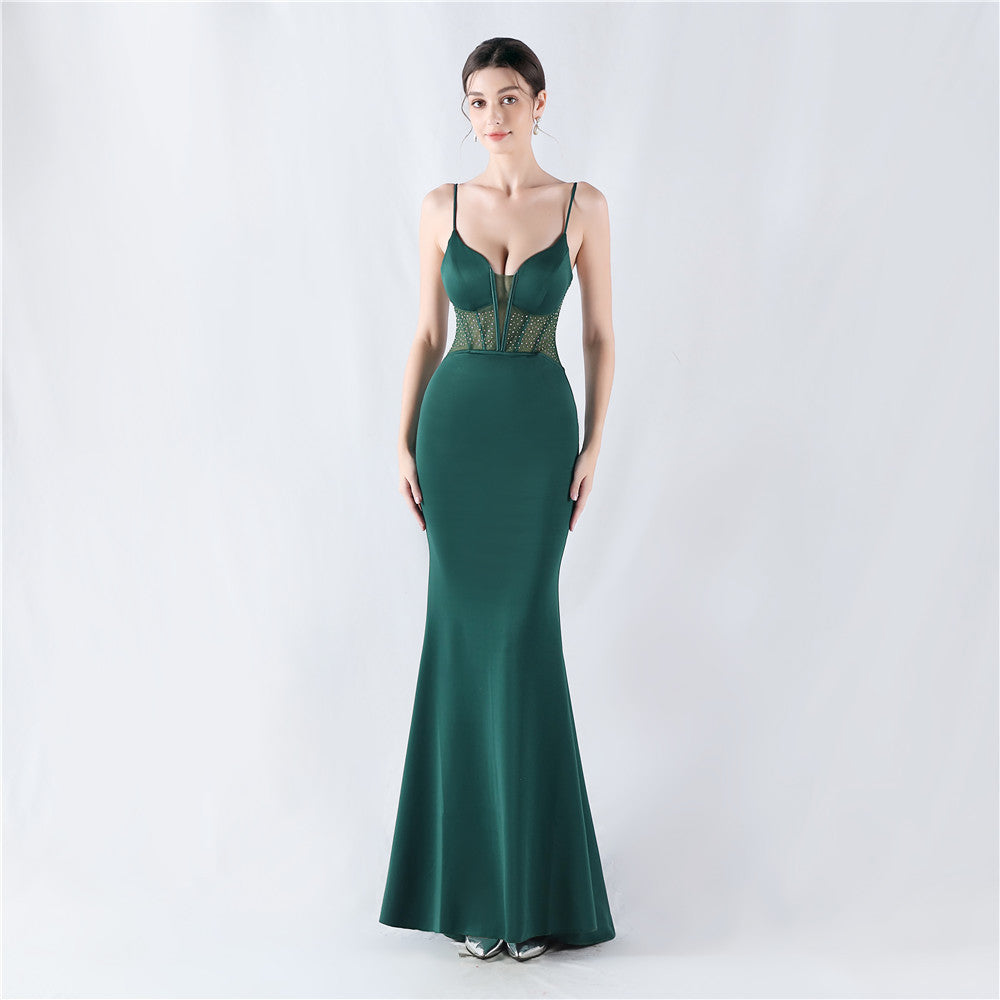 31916 #Hot trade new heavy industry fishbone vest shaping mesh yarn hot diamond sling hip fish tail evening dress