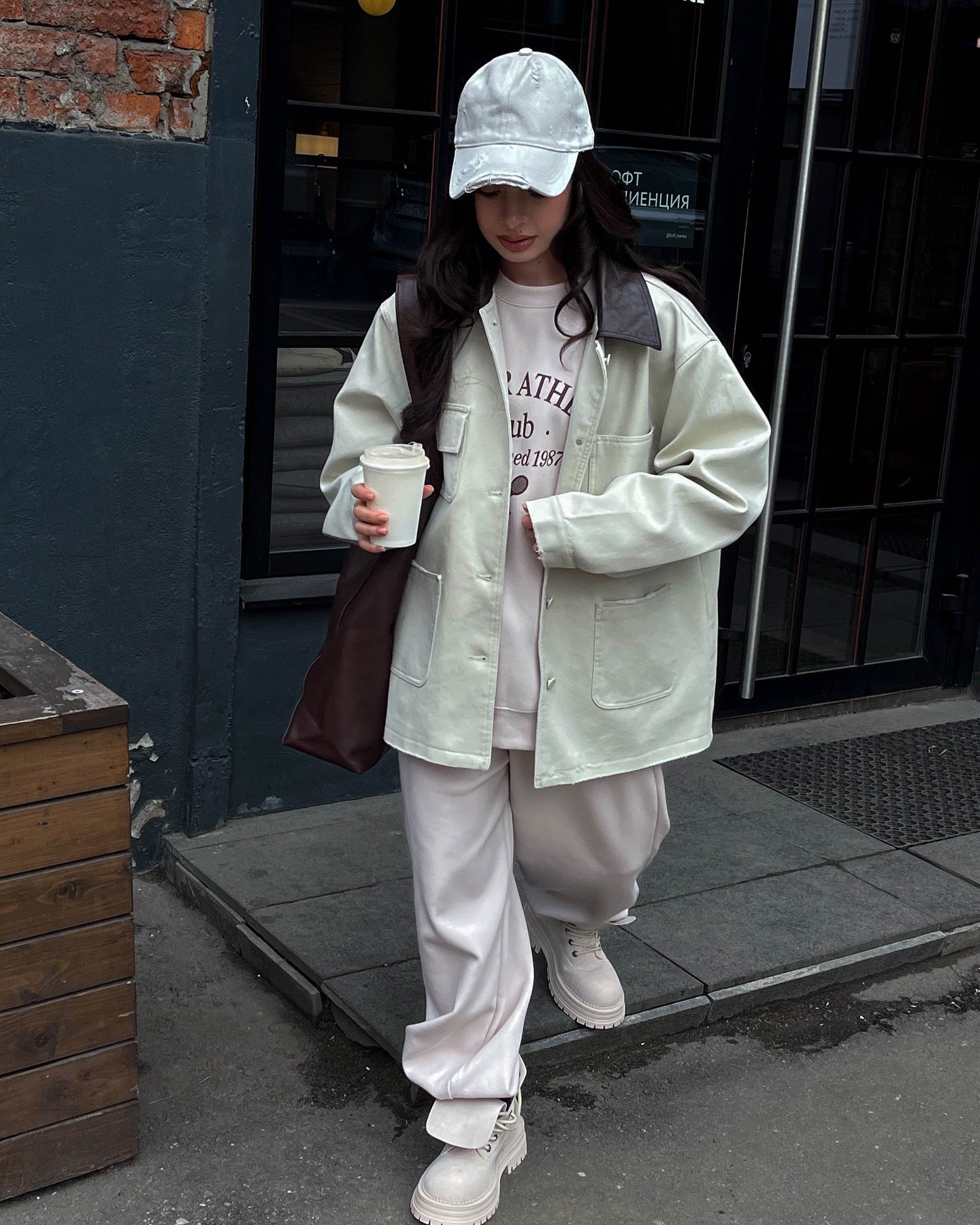 Spring new n retro tooling PU leather lapel silhouette jacket women's loose casual long-sleeved cardigan jacket women