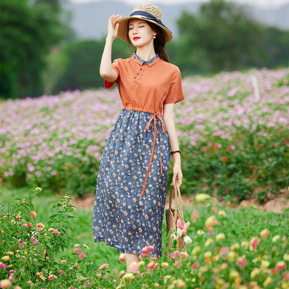 High-end temperament women's clothing  summer new loose Popular floral shirt short-sleeved temperament cotton and linen dress