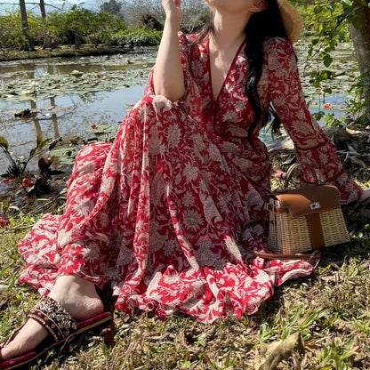 2025 Ethnic style red printed dress  niche waist a-shaped long skirt