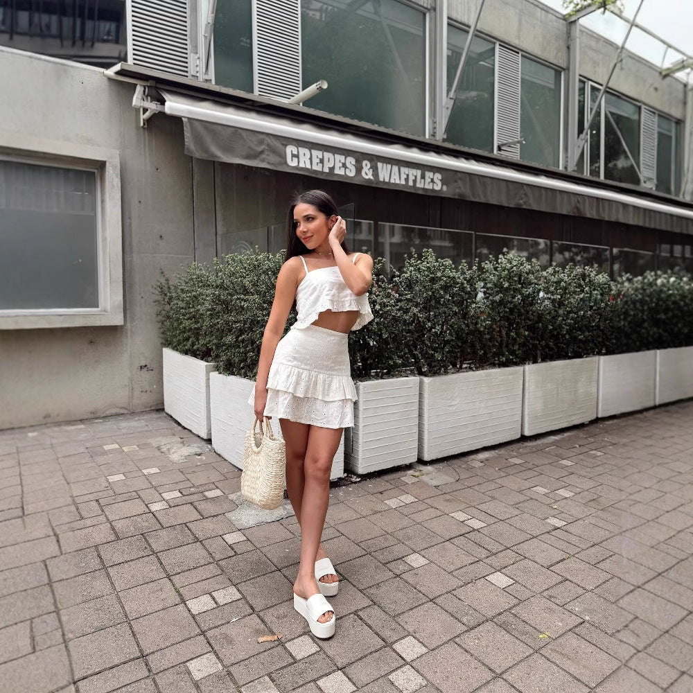 summer new New  travel beach ins suspender pure desire high waist fairy skirt set