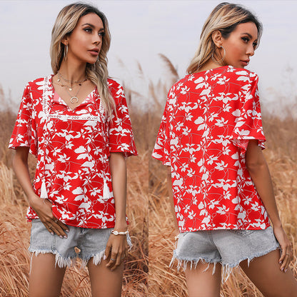 LOVEVOP New new loose-print lace-up short-sleeved lace splicing 2025 tops, red shirts, women's summer