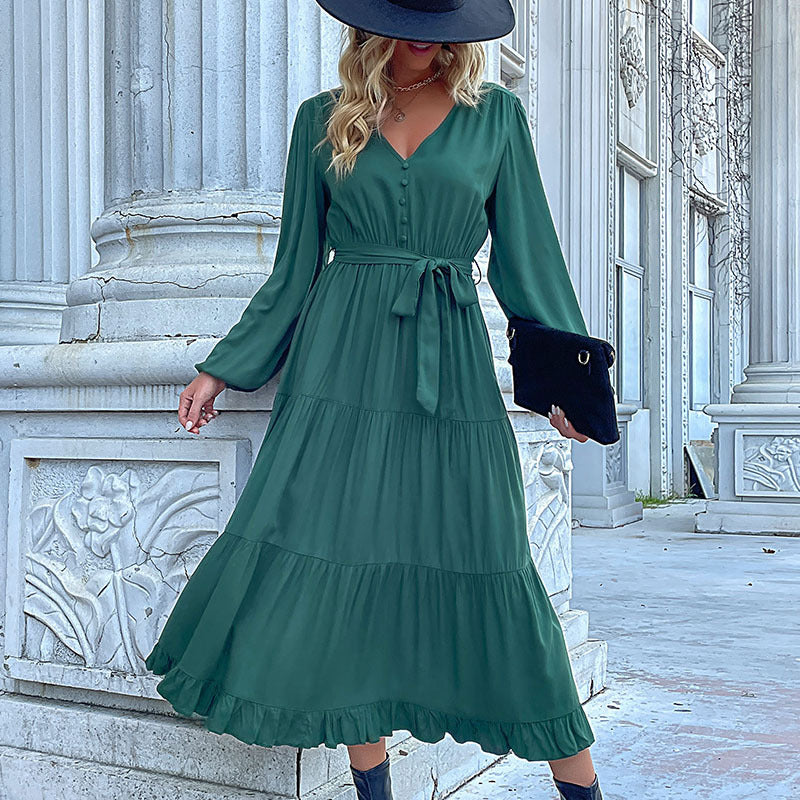 LOVEVOP Hot autumn and winter new  independent station cross-border 2025 foreign trade women's long-sleeved pleated splicing dress