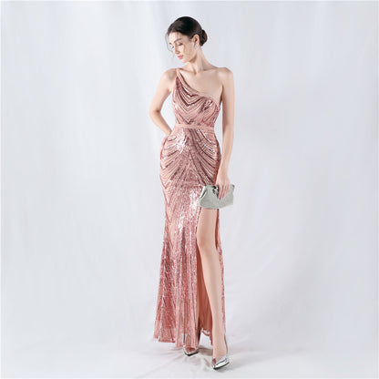 32076 #Popular trade new dress positioning flower bead piece heavy industry nail bead high fork shoulder evening dress