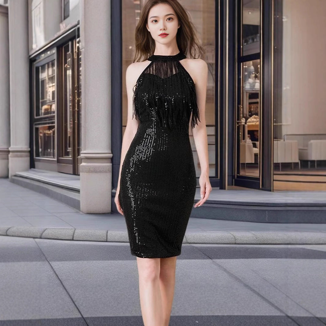 LOVEVOP 2025 sexy party neck sequined fringed dress nightclub sleeveless thin medium and long dress dress