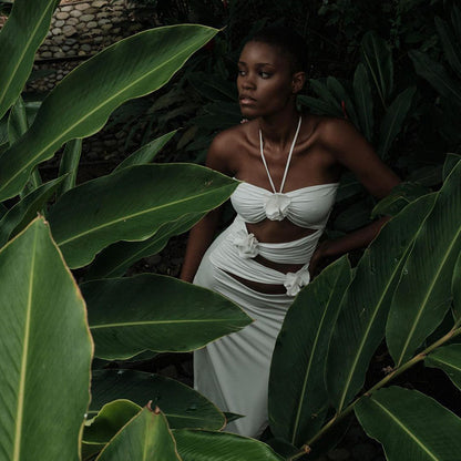 LOVEVOP Autumn temperament white neck pleated hollow flower slim dress  women's clothing elastic inner dress