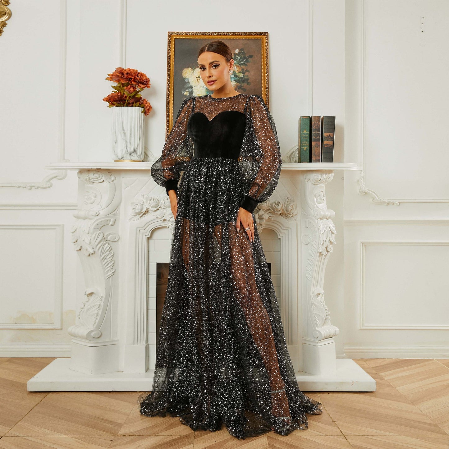 2025 new high-end long-sleeved crew neck banquet sequined mesh pendulum evening dress bridesmaid dress dress women