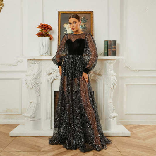2025 new high-end long-sleeved crew neck banquet sequined mesh pendulum evening dress bridesmaid dress dress women
