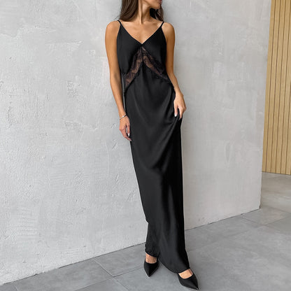 2025 Imitation satin acetate fashionable sexy spring suspender V-neck slim slim straight dress dress wholesale women