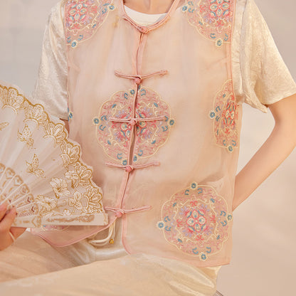 summer new light vest new Chinese buckle high-end design embroidered mulberry silk top women's M6031