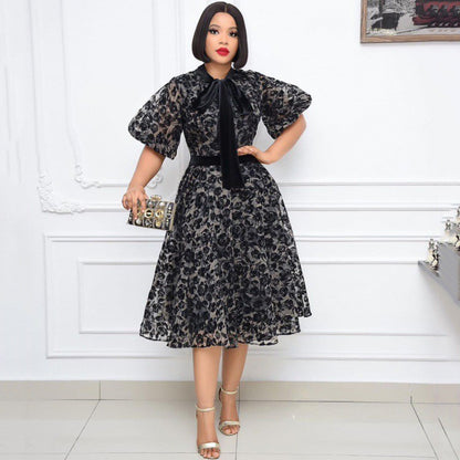 summer new temperament stand-up collar black flocking encrypted mesh waist lace splicing fashionable and thin dress