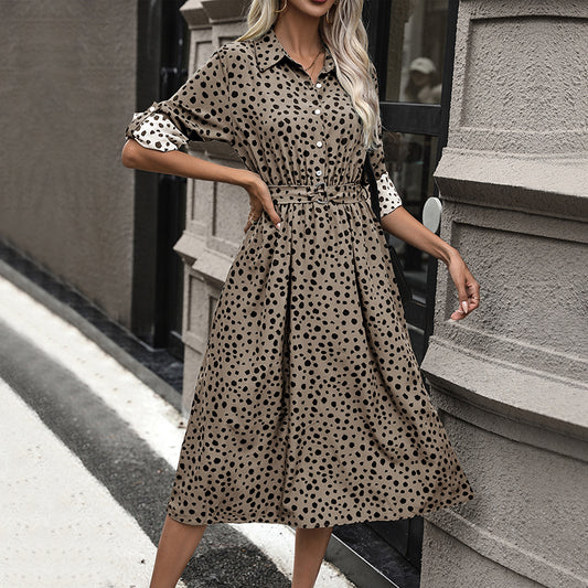 LOVEVOP 2025 cross-border new dress lapel button temperament dress polka dot long dress high waist women's dress with belt