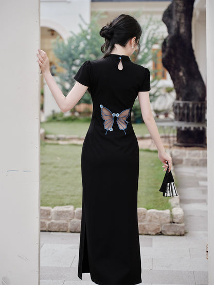 New Chinese style cold butterfly embroidered cheongsam black pinched waist dress children's summer hollow temperament hip-wrapped dress