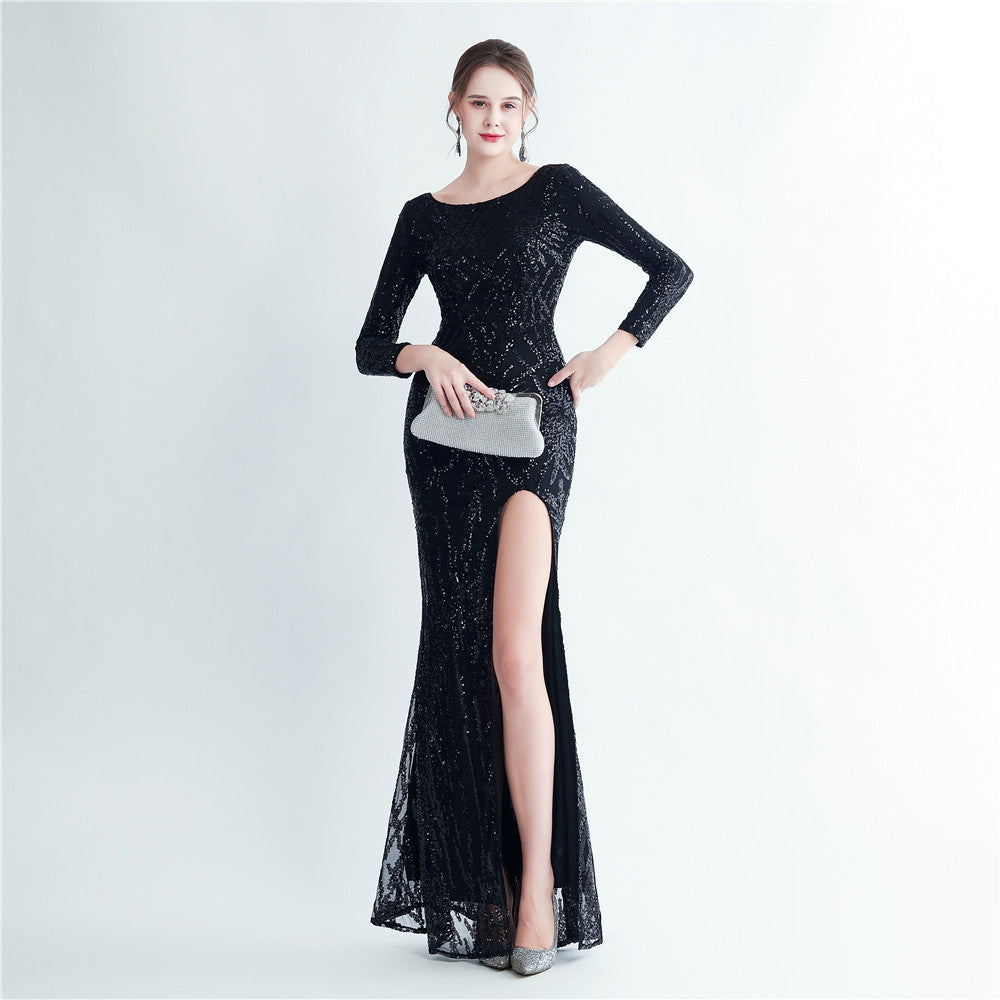 19966 #Hot trade 2025 new sequined long-sleeved split high-end evening dress