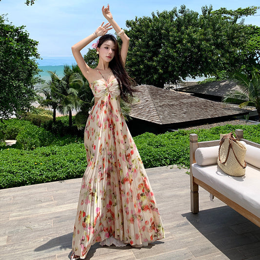 2025 Fairy atmosphere sense beautiful floral dress women's summer new temperament waist thin pleated Spice Girl pleated skirt