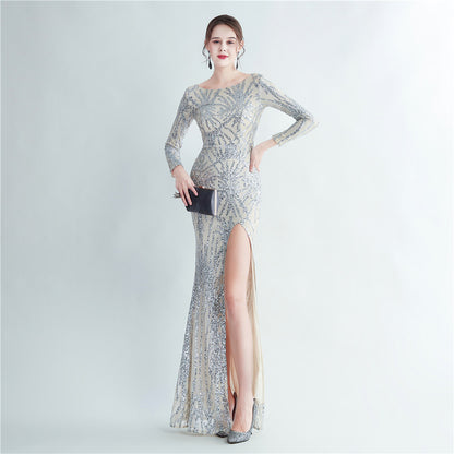 19966 #Hot trade 2025 new sequined long-sleeved split high-end evening dress