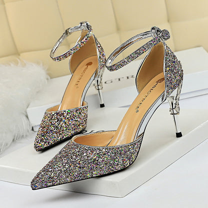 2025 283-5  style fashionable and sexy hollow nightclub showing thin metal heel high heel sparkling sequins with sandals