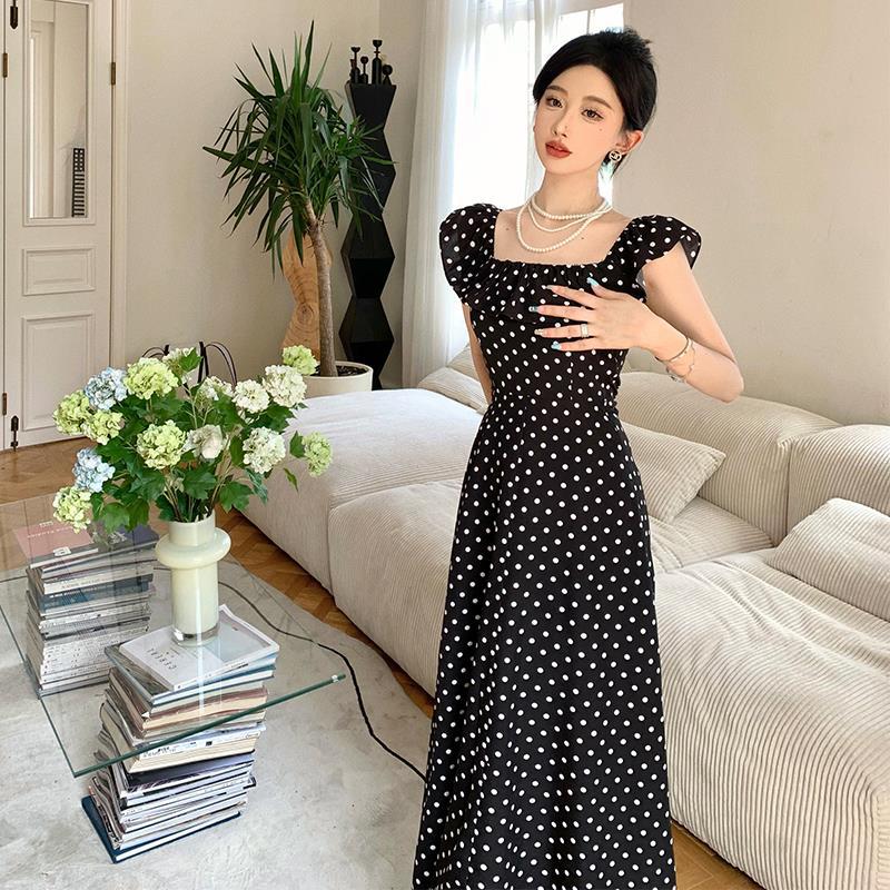 2025 Hepburn retro polka dot square neck dress one-word shoulder ruffle edge waist thin holiday dress and ankle skirt