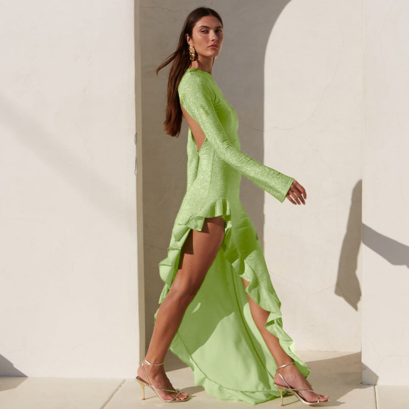 LOVEVOP 2025 cross-border women's clothing Hot summer new fashion round neck halter long sleeve beveled irregular temperament dress