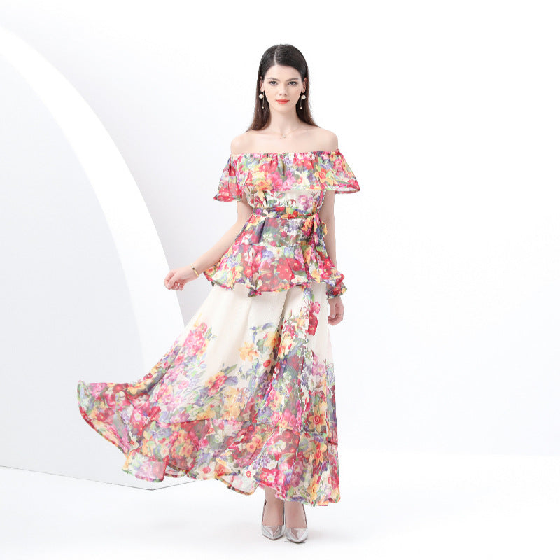 style sexy one-word shoulder chiffon printing high-end three-dimensional ruffle edge waist thin dress vacation dress
