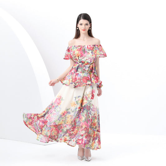 style sexy one-word shoulder chiffon printing high-end three-dimensional ruffle edge waist thin dress vacation dress